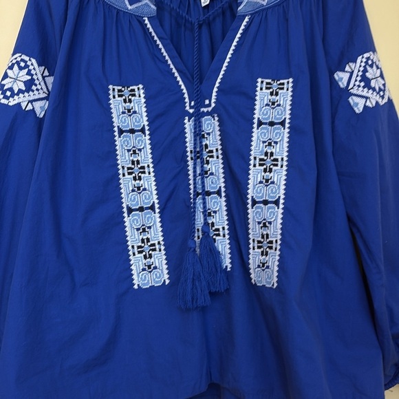 Crown & Ivy | Blue Embroidered Split Neck Tassel Tie Long Sleeve Bohemian Top M - Picture 15 of 16